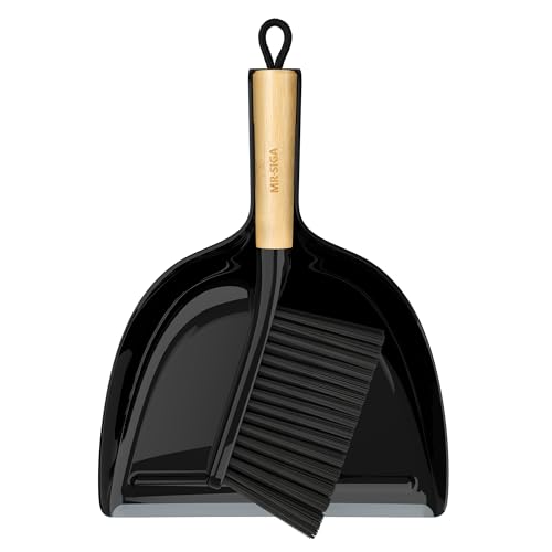 MR.SlGA Kehrschaufel und Bürste Set, Tragbare Reinigungsbürste und Kehrschaufel Combo mit Bambusgriff, Schwarz, 1 Set