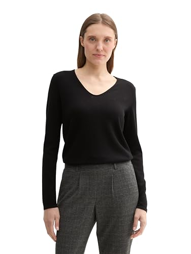 TOM TAILOR Damen Basic Strickpullover mit V-Ausschnitt, 13312 - Deep Black, XXL