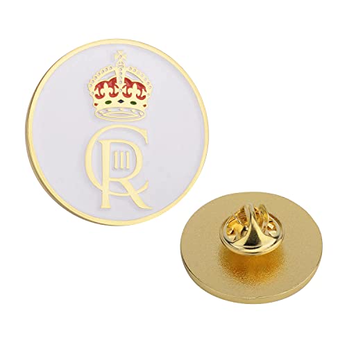 Trimming Shop Königs-Krönungs-Anstecker, königliches Familien-Emblem – Krone, Weißgold, 30 mm, Kreis, königliche Ansteckbrosche, Emaille, Druckverschluss, Mantel, Blazer, 1,5 mm dick, 1 Stück