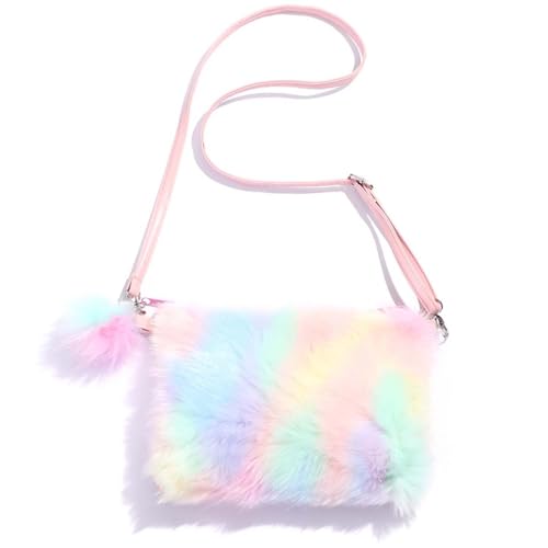 Cleminsta Mädchen Regenbogen Plüsch Taschen Plüsch Handtaschen Verstellbarer Umhängetaschen Plüschtasche Regenbogen Haarspangen Geldbörse für kleine Mädchen Frauen Rollenspiel (Stil 1)