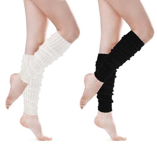 Ouligay 2 Paar Leg Warmers Stulpen Damen, Weiß Gestrickte Beinwärmer Warme, Y2k Beinstulpen Damen, Hohe Fußlose Kniestrümpfe, Winter Beine Legwarmers Kinder