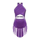 DUNSBY Eiskunstlauf Kleid Mädchen Kinder Mädchen Modern Lyrical Dance Kostüm Ballett Kleid Gymnastik Eislaufen Kleid Kinder Rückenfreies Sheer Mesh Trikot Tutu(Purple,12)