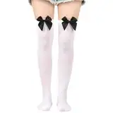 Overknees Strümpfe mit Schleife Damen, Knee High Socken dehnbar Thigh High Socks für Frauen Halloween Weihnachten Karneval Kostüm Accessoire Valentinstag Mottoparty (Weiße mit schwarzen Schleife)