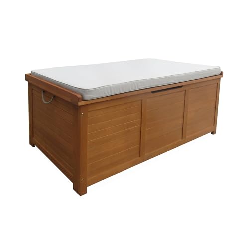 Gartentruhe aus Holz 200L - Caja beige - 125x60cm Kissenaufbewahrung mit Hebebock und Griffen