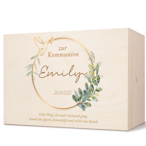 GRAVURZEILE Bedruckte Erinnerungskiste - Taube Gold - Personalisiert mit Name & Datum - Erinnerungsbox für Mädchen & Jungen - Geschenk zur Kommunion, Konfirmation & Taufe - Erinnerungsbox