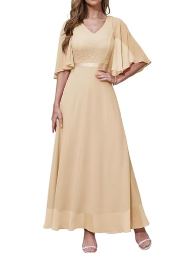 DRESSTELLS Abendkleid Damen Hochzeit Festlich Ballkleid mit V-Rücken Brautkleid Chiffon Cape Ärmel Spitzenkleid Elegant Lang Partykleid Champagne L