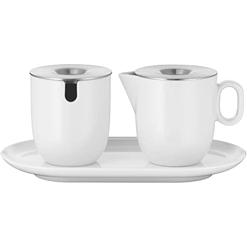 WMF Barista Zuckerdose 130 ml und Sahne-/ Milchkännchen Porzellan 170 ml mit Deckeln Set 3-teilig mit Untersetzer, Milchkanne, spülmaschinengeeignet