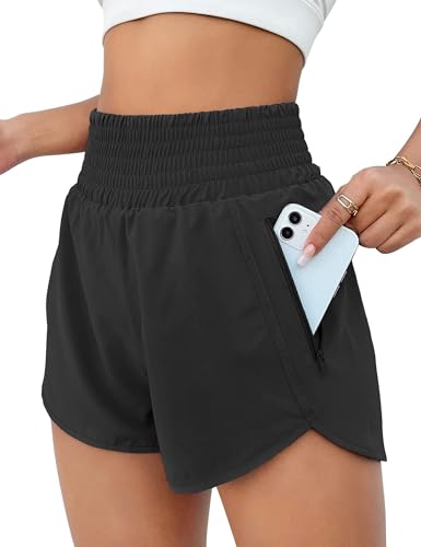 EUHOM Shorts Damen Sommer Sport Shorts 2 in 1 Laufshorts High Waist Kurze Hosen Schnelltrocknende Fitness Sporthose Running Yoga Jogging Trainingshose (Schwarz, S)