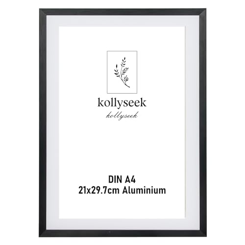 kollyseek Bilderrahmen Aluminium DIN A4 21 x 30 cm Schwarz Metall Posterrahmen mit bruchsicherem Acrylglas modern Fotorahmen Picture Frame mit Passepartout für Bilder Poster Fotos schwarz