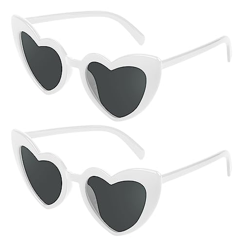 Ainiv Herz Sonnenbrille, 2 Stück Herzförmige Party-Sonnenbrille, UV400 Sonnenschutz und UV-Schutz Schwarze Graue Linse, Mode Brillen für Damen Herren Kinder Party Reise Fotoshooting (Weiß)