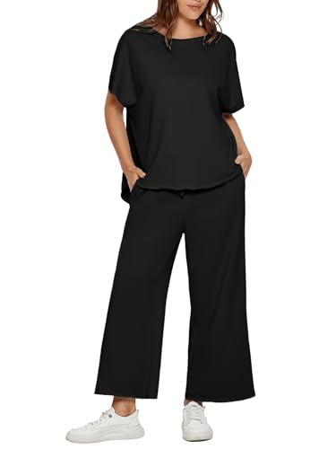 Glamaker Zweiteilige Reise-Lounge-Outfits für Damen, passende Sets, Rundhalsausschnitt, Pullover, Tops, weites Bein, Hose, Flugzeug-Outfits, Schwarz, Medium