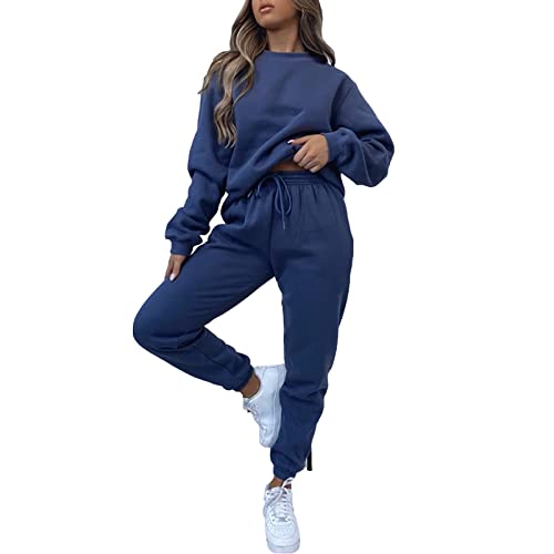 amropi Trainingsanzug Damen Pullover Sweatshirt und Jogginghose Warm Vlies Kleidungsset (Blau,L)