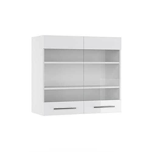 Vicco Küchenschrank Glas Fame-Line, Weiß Hochglanz/Weiß, 80 cm