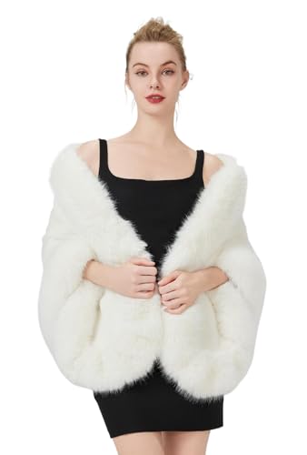 BEAUTELICATE Kunstpelz Schal Stola Damen Winter Für Frauen Hochzeit Braut Abend Brautschal Brautstola, Elfenbein, 175CM