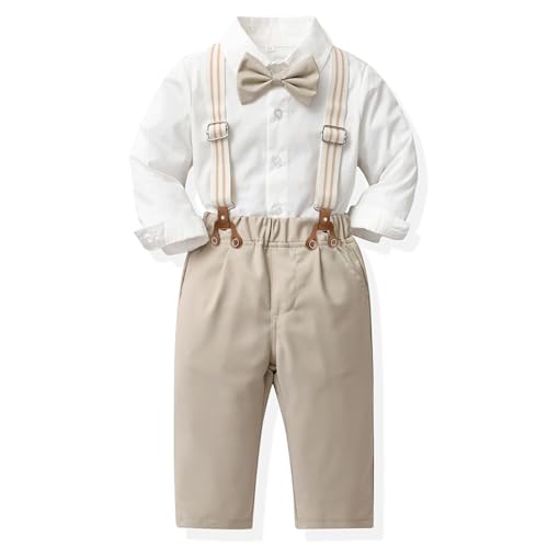 Baby Jungen Anzug Bekleidungssets Kleid Strampler hosenträger Fliege Krawatte 4tlg Anzug Gentleman Festliche Taufe Hochzeit Langarm Baby Kleikind 6 Monate 6 Jahre (w-beige,3T)