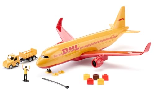 Siku 1702, DHL Frachtflugzeug mit Zubehör, Metall/Kunststoff, Rot/Gelb, Spielzeug-Modell, Inkl. Gepäckwagen und Fluglotse