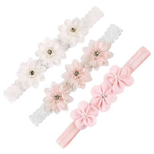 Amexo 3 Stück Baby Stirnband Blumen, Baby Mädchen Stirnbänder Haarband Baby Taufe Perle Blumen Haarband mit Elastisches Blumen für Party Taufe Hochzeit Familienfoto Babys Mädchen Geschenk Fotografie