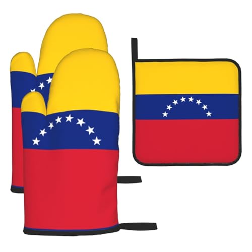 Ofenhandschuhe und Topflappen, Motiv: Flagge von Venezuela, hitzebeständige Grillhandschuhe für Küche, ungedeckte Mikrowellen-Endplatten (3er-Set)