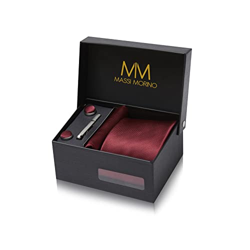 Massi Morino Krawatte Weinrot mit Einstecktuch Set Herren inkl. Manschettenknöpfe, Krawattennadel und Geschenkbox - Männer Krawattenset