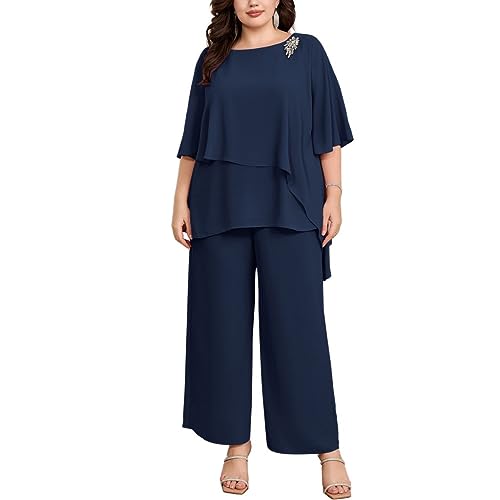 Hanna Nikole Damen Große Größen Hosenanzug Zweiteiler Fledermausärmel Cape-Ärmel Strass Lose Rundhals Chiffon Shirt Hohe Taille Elegant Hohe Taille Lange Hose Dunkelblau 46