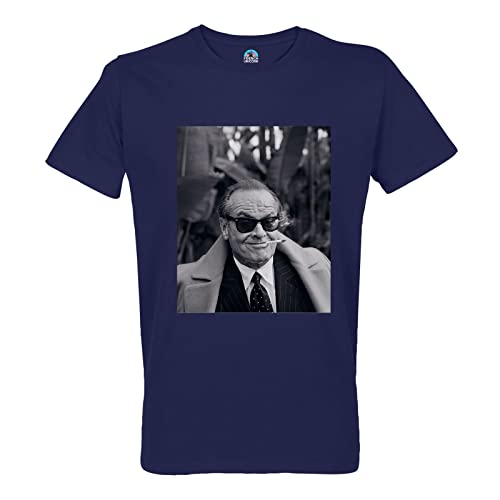 French Unicorn T-Shirt für Herren, Rundhalsausschnitt, Bio-Baumwolle, Jack Nicholson Schauspieler, Zigarette, Foto, Schwarz und Weiß, Kino, blau, M