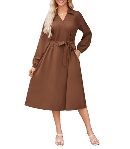 GRACE KARIN Damen Midikleid Lange Ärmel Blusenkleid Mit Taschen Freizeitkleid Mit V-Ausschnitt Braun M