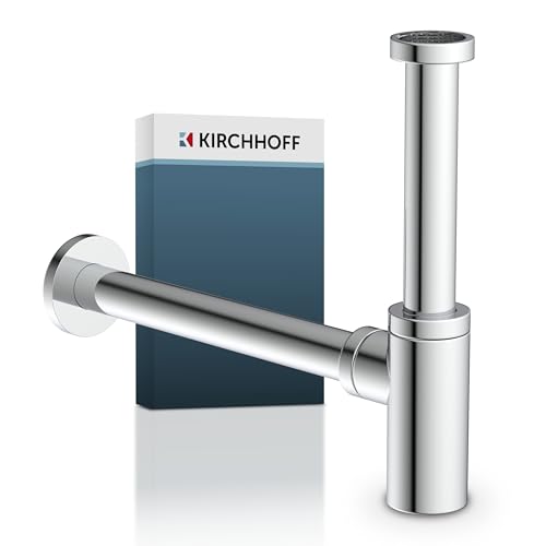 Kirchhoff Design Siphon, Abfluss, Siphon Waschbecken Bad aus korrosionsfreiem Kunststoff, Syphon für Waschbecken und Waschtisch, Geruchsverschluss mit Reinigungsöffnung, Flaschensiphon, 98803818,Chrom