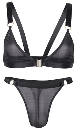 Adigau Transparent Herren Sissy Dessous Set Vorne Offener BH mit G String 2PC Erotik Unterwäsche Gay Schlafanzug Männer Reizwäsche Schwarz M