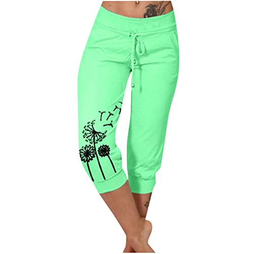 EMATOP Sommer Hose für Frauen 3/4 Capris Jogginghose Freizeit Leichte Sweathose Elastische Taille Sporthose mit Taschen Laufhosen Löwenzahn Muster Freizeithosen Baumwolle Bequem Yogahose