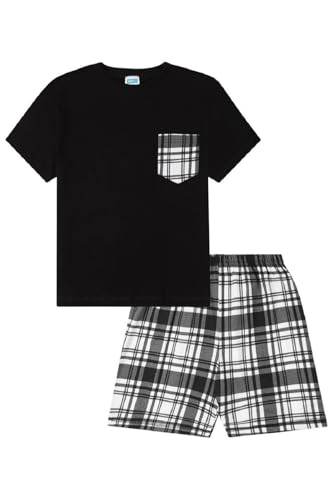 Kurzer Schlafanzug für Jungen, Schottenkaro, Schwarz und Weiß, Schwarz , 14-15 Years