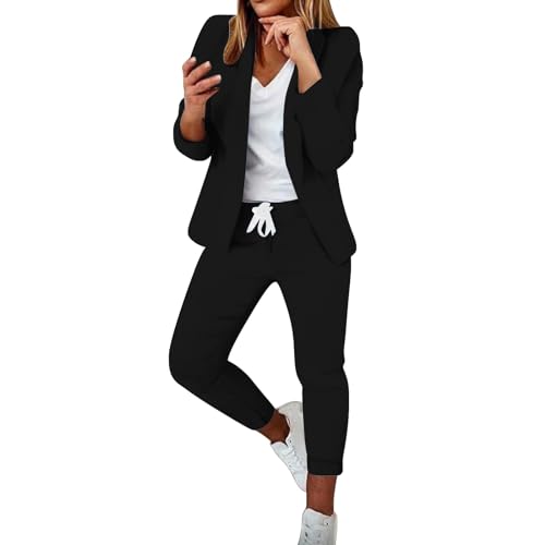 Hosenanzug Damen Festlich Elegant 2 Teilig Business Casual Anzüge Set Zweiteiler Einfarbig Langarm AnzugBlazer Elastischer Bund Hose Festlich Hosenanzüge Slimfit Sportlich Freizeitanzug Streetwear