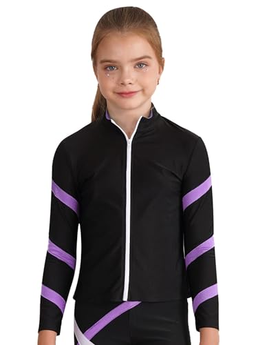 FEESHOW Kinder Mädchen Eiskunstlauf Jacke Mit Strass Eislauf Oberteile Thermojacke Professionelles Eiskunstlauf Trainingskleidung Top Hellviolett_A 110-116