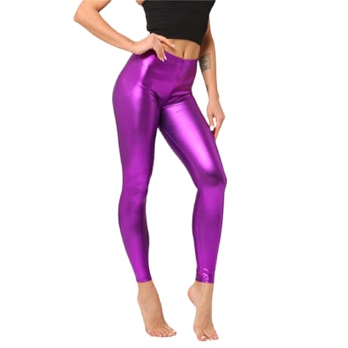 2025 Bunte, glänzende Kunstleder-Leggings für Damen mit Metallic-Finish, Skinny Fit, verkürzte Länge 9/10, für den Herbst, vielseitige, modische Hose Sexy Hemd (Dark Purple, M)