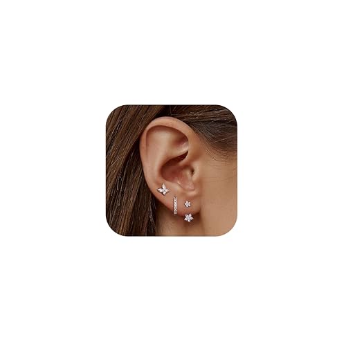 JeweBella 3 Paar Ohrringe Silber 925 Set für Damen 14 Karat Vergoldet Kleine Ohrstecker Silber 925 Set Stapelbar Zirkonia Ohrstecker Creolen Ohrringe Set für Mehrere Piercings