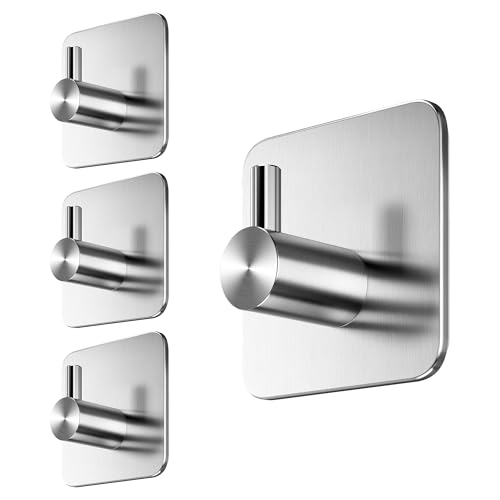 Menz Klebehaken in Silber, 4er-Set – Edelstahl Wandhaken selbstklebend mit wasserfesten Klebepads, Haken selbstklebend für Bad, Küche, Badezimmer Handtuchhalter