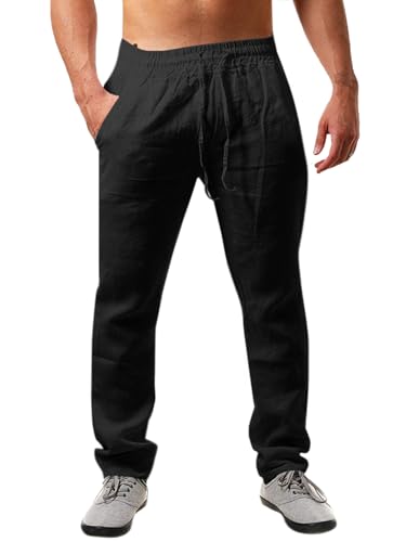 Runcati Herren Leinenhose Einfarbiges Lang Leicht Sommerhose Loose Fit Freizeithose mit Kordelzug für Urlaub Strand Schwarz XL