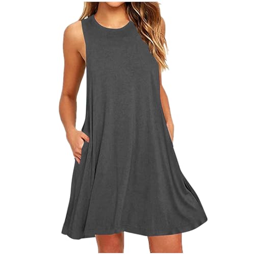 Sommerkleider Damen Leicht und Luftig Strandkleid Kurz Sommer Kleid Elegant Casual Kleider Rundhals Ärmellos Freizeitkleider Alltag Locker Shirtkleid mit Taschen Minikleid Party Tankkleid