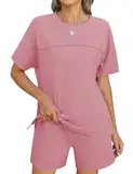 IECCP Damen Jogginganzug Zweiteiler Trainingsanzug Set Sommer Tracksuit Loungewear Outfit Kurzarm Rundhals Top und Shorts mit Elastischem Taschen Rosa M