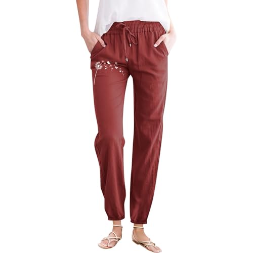 Strand Hose Damen Damen Leisure Simple Fashion Local Delion Printing Solid Color Pants Pocket Draw String Household Outdoor Trousers Features: Länge Luftige Hose Damen (Red, L)