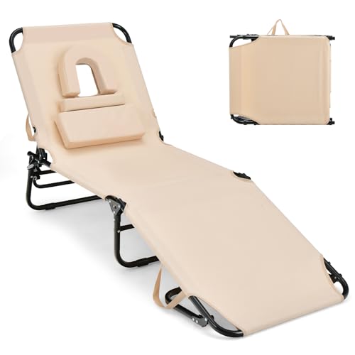 COSTWAY Sonnenliege mit Gesichtsöffnung, klappbare Gartenliege mit 3 abnehmbaren Kissen und 5-Fach Verstellbarer Rückenlehne, Strandliege Liegestuhl für Garten und Poolbereich (Beige)
