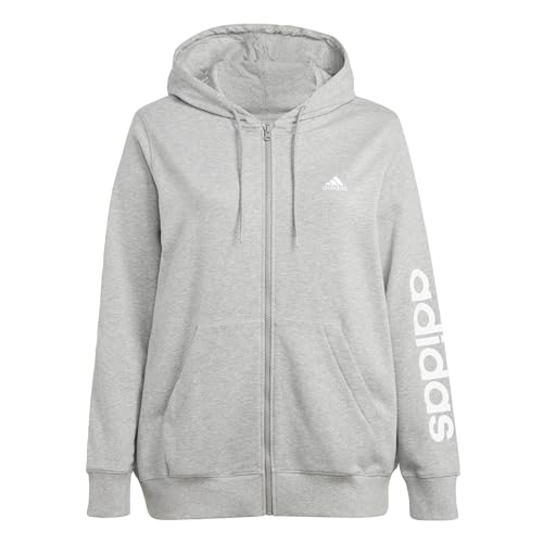 adidas Women's Essentials Linear Full-Zip French Terry Hoodie (Plus Size) Trainingsjacke mit Kapuze, Medium Grey Heather/White, XL