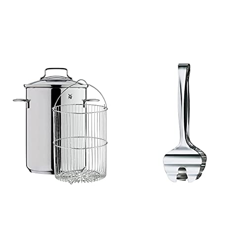 WMF Spargeltopf hoch mit Glasdeckel 16cm, Dampfgarer 5,0l, Cromargan Edelstahl poliert & Spargelzange 16 cm, Cromargan Edelstahl poliert, Servierzange für Spargel, Gemüse, Fisch, spülmaschinengeeignet