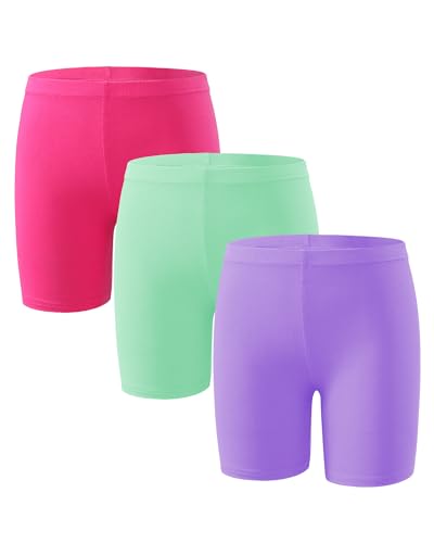 KEREDA Mädchen Kinder Kurze Hose Radlerhose Kurze Leggings Baumwolle Shorts 3 Paar,Rosarot/Violett/Lichtgrün,5-6 Jahre