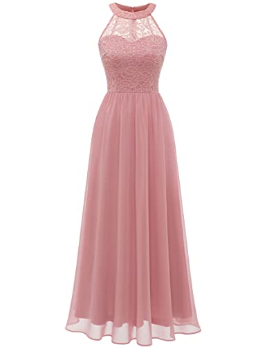 Wedtrend Damen Spitzenkleid Brautjungfer Kleid Lang Chiffon Abendkleid Party Cocktailkleid Neckholder Sommerkleid WT0201 Blush XS