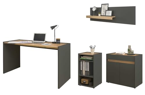 Furn.Design Büromöbel Set in grau matt und Wotan Eiche Holz modern mit Schreibtisch, Kommode und 2 x Regal für Homeoffice und Büro Schreibtisch mit StauraumCenter (Set 1)