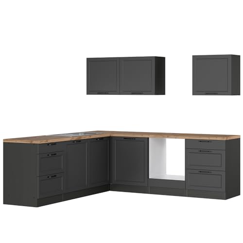 Lomadox Winkelküche Küche Einbauküche Küchenzeile L-Form 240/240 cm in grau, Arbeitsplatte in Eiche