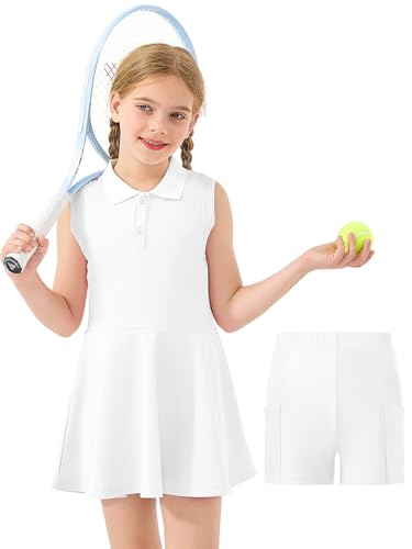 GroYolan Mädchen Tenniskleid ärmellos Polokleid Sportkleid mit Hose und Taschen Tennis Golf Kleid für Sport Casual 5-15 Jahre
