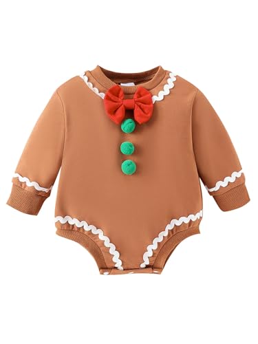 inhzoy Baby Jungen Mädchen Strampler Langarm Lebkuchenmann Muster Baby Body Einteiler Neugeborene Baby Weihnachten Outfit Schlafanzug Braun 80-86