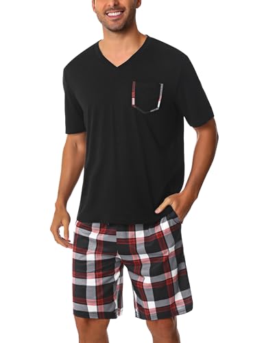 Uniexcosm Schlafanzug Herren Kurz Pyjama Set Baumwolle Zweiteiliger Kurzarm Nachtwäsche Oberteil und Karierte Kurze Hosen Sleepwear für Sommer Schwarz XL