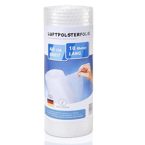 Yves Donne 1x Luftpolsterfolie Rolle Deutsche Qualität 40cm x 10m zum Schutz empfindlicher Gegenstände, Polsterfolie ideal für Umzug/Versand, Verpackungsmaterial/Füllmaterial (40cm x 10m, 1, stück)